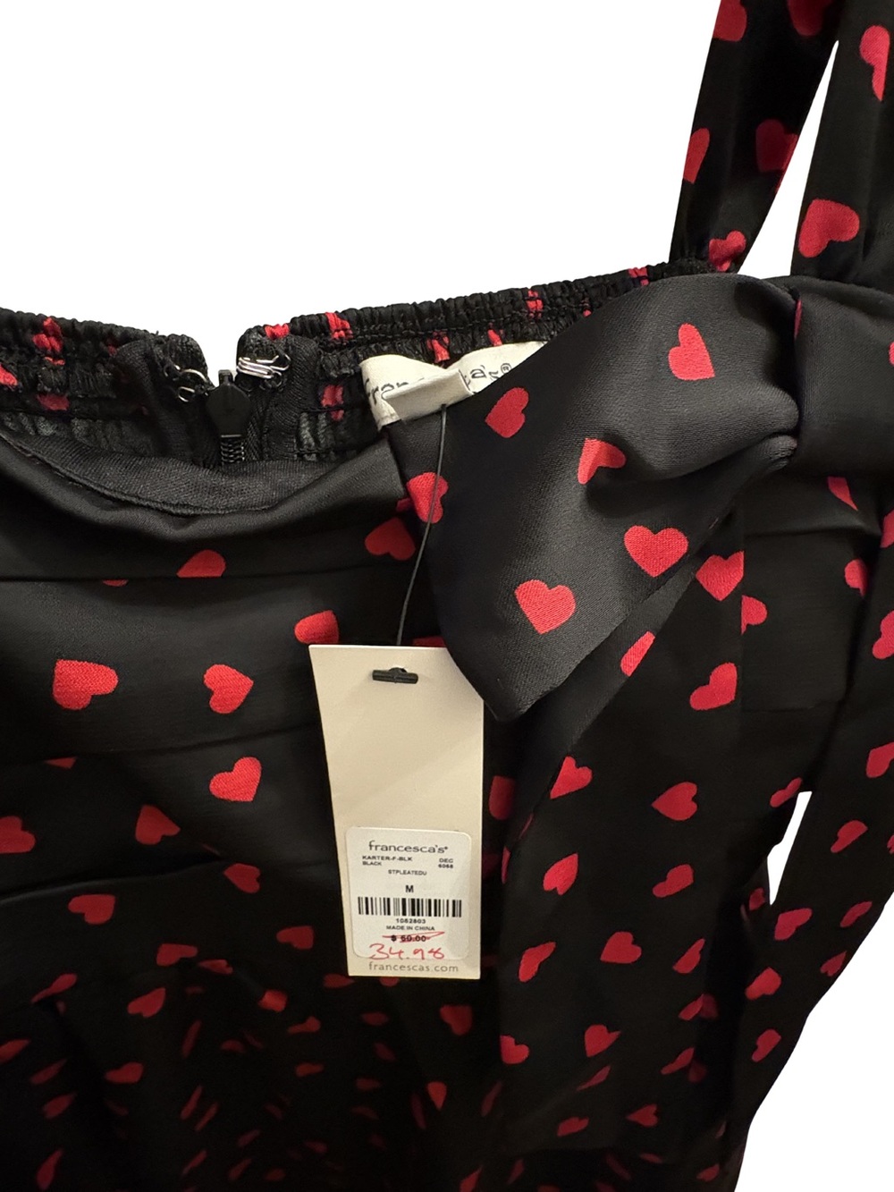 Francesca's Black Satin Dress with Red Heart Print and Bow Accent - Picture 4 of 4